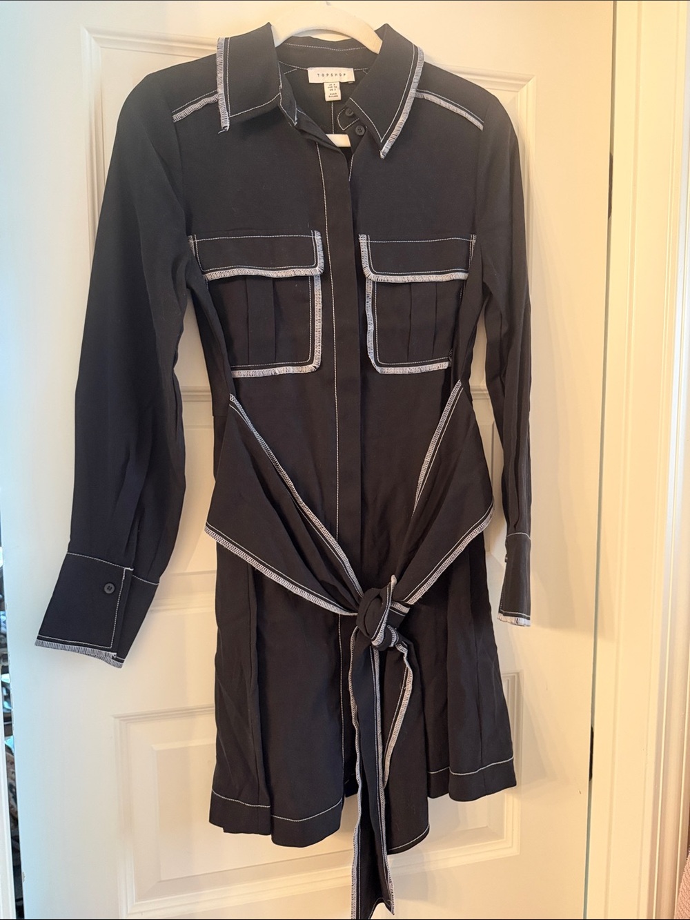 Topshop Black Long-Sleeve Shirt Dress with White Contrast Stitching